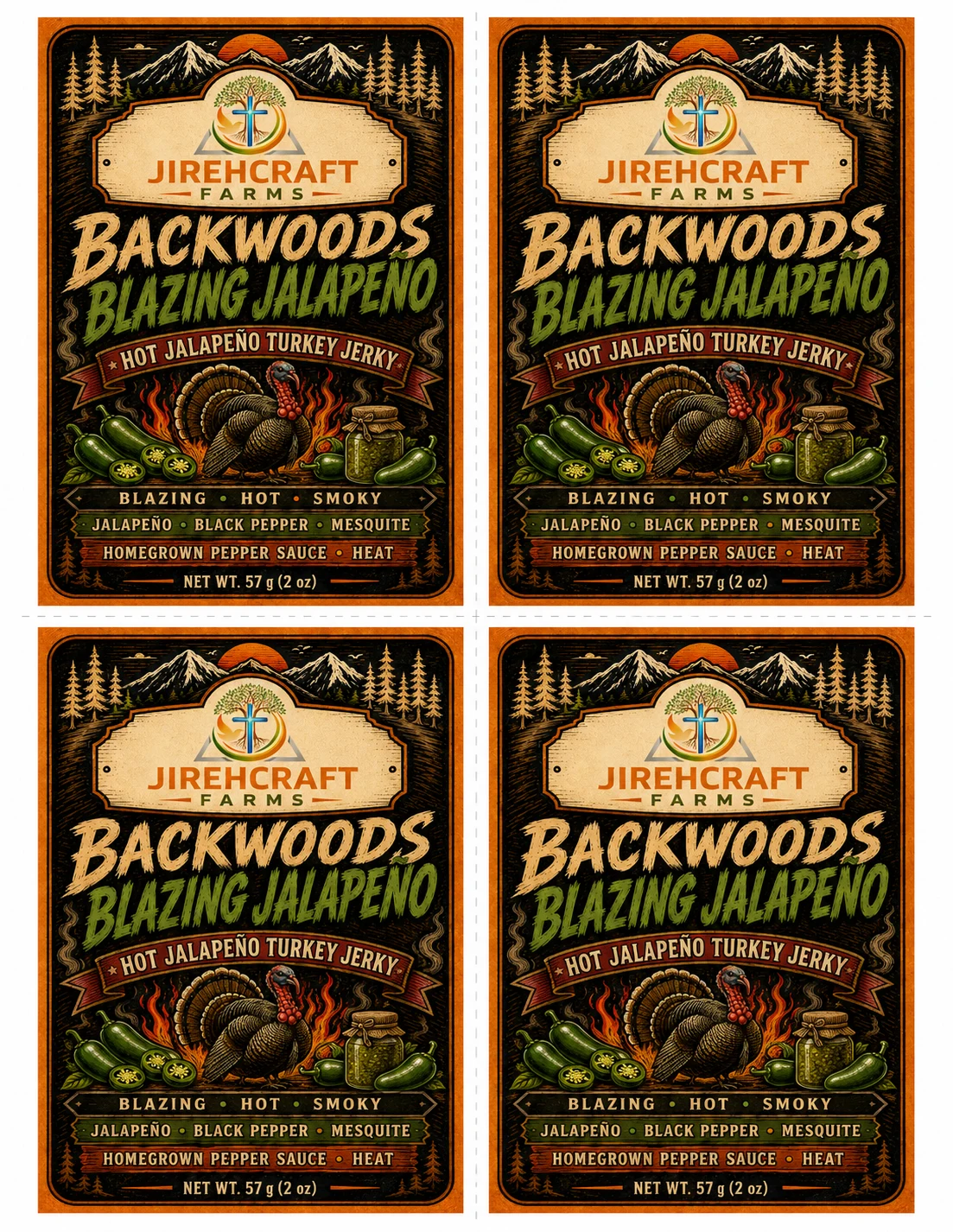 Original JirehCraft Farms Backwoods Blazing Jalapeño turkey jerky label