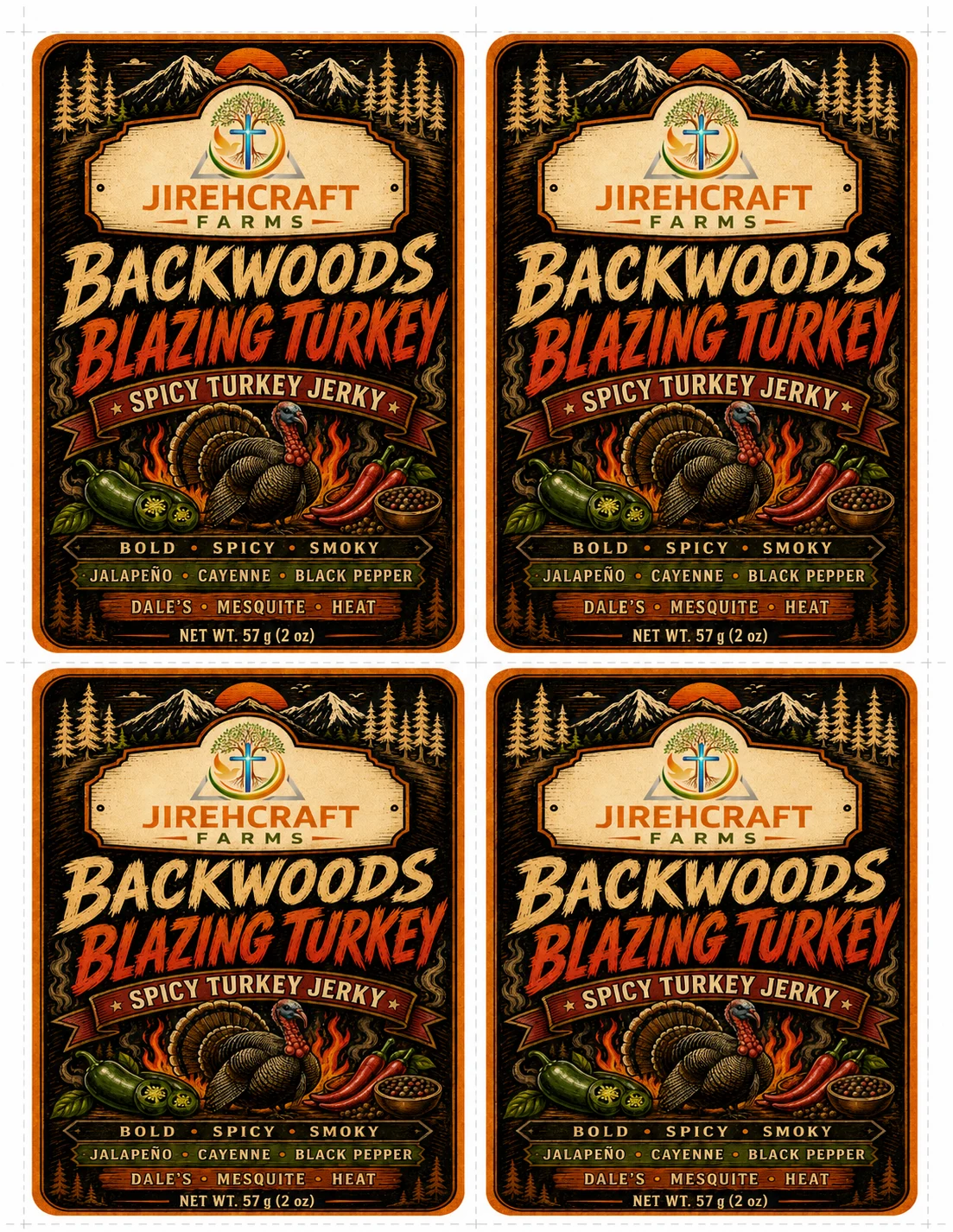 Original JirehCraft Farms Backwoods Blazing Turkey turkey jerky label