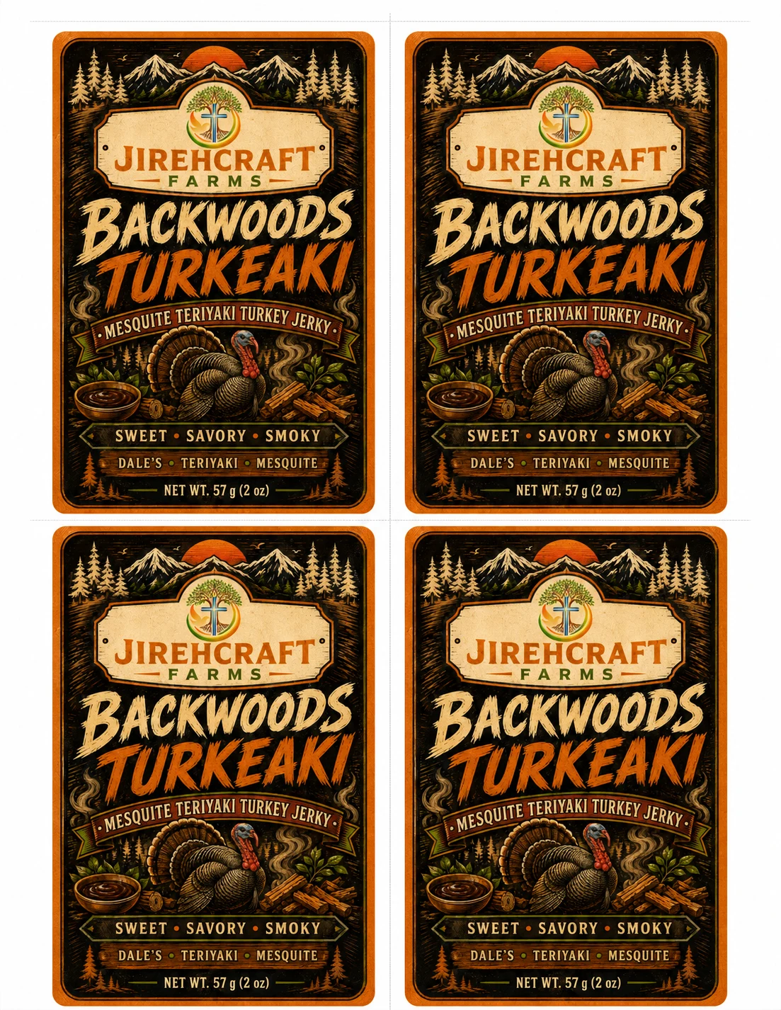 Original JirehCraft Farms Backwoods Turkeaki turkey jerky label