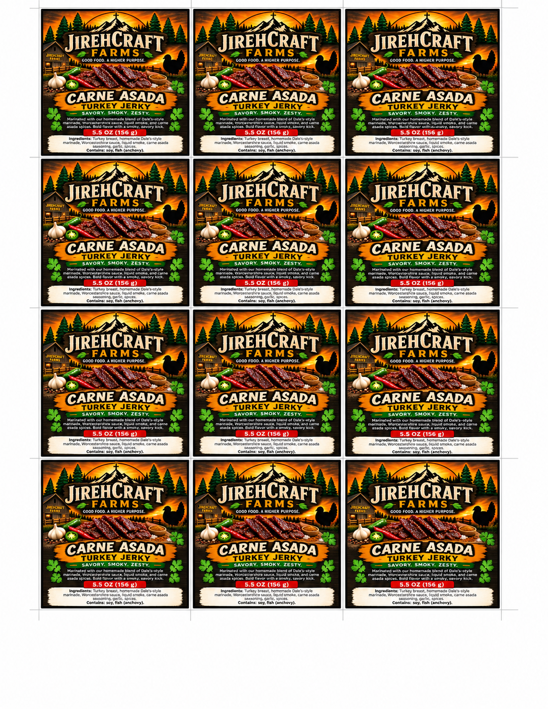 Original JirehCraft Farms Carne Asada turkey jerky label, showing the 5.5 oz bag