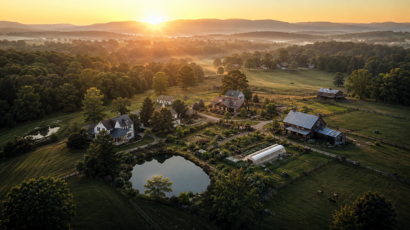 Concept illustration from the JirehCraft farm presentation showing a future homestead with gardens, a greenhouse, and shared family spaces
