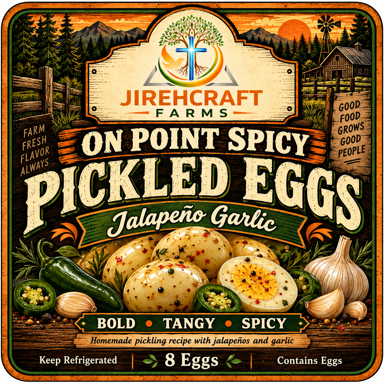 JirehCraft Farms On Point Spicy Jalapeño Garlic Pickled Eggs label: 8 eggs, keep refrigerated, contains eggs