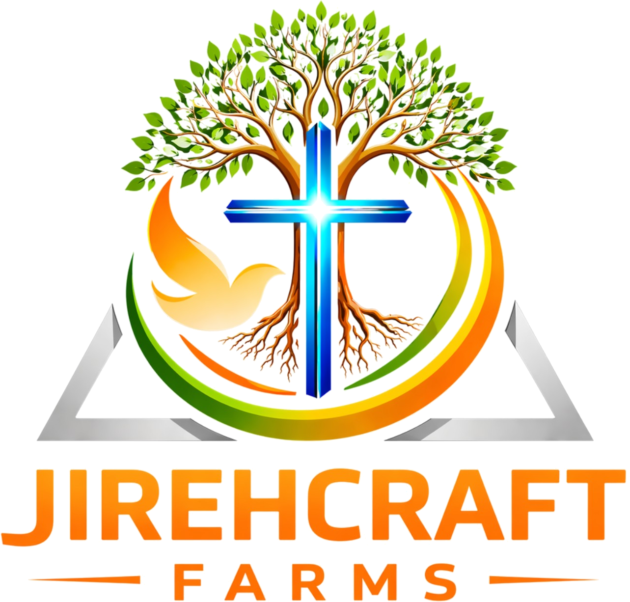 JirehCraft Farms logo: a blue cross rooted in a green tree, a dove, and sweeping orange and green curves