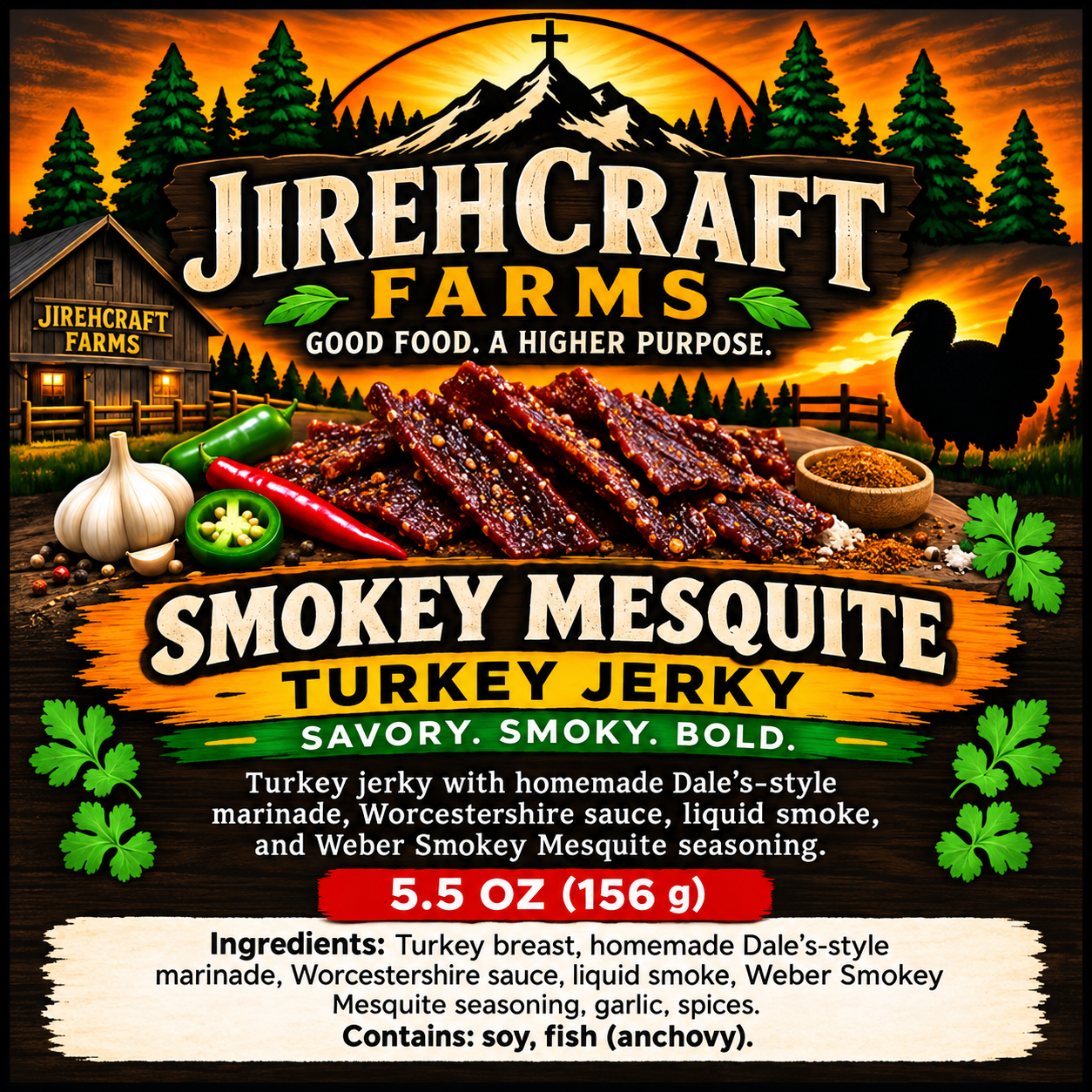 JirehCraft Farms Smokey Mesquite turkey jerky label, showing the 5.5 oz bag